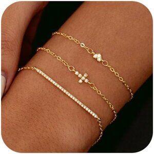 Gold Bracelets for Women, Dainty Gold Cross Bracelets Set of 3 Heart/Cross Stack